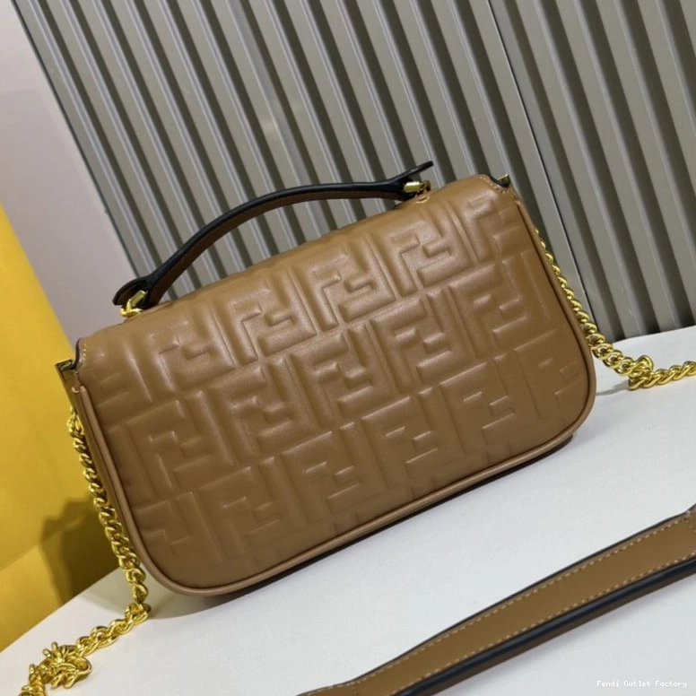 Affordable HOT Fendi In Nappa Bag Midi Brown Baguette Chain Leather FF Motif 0725
